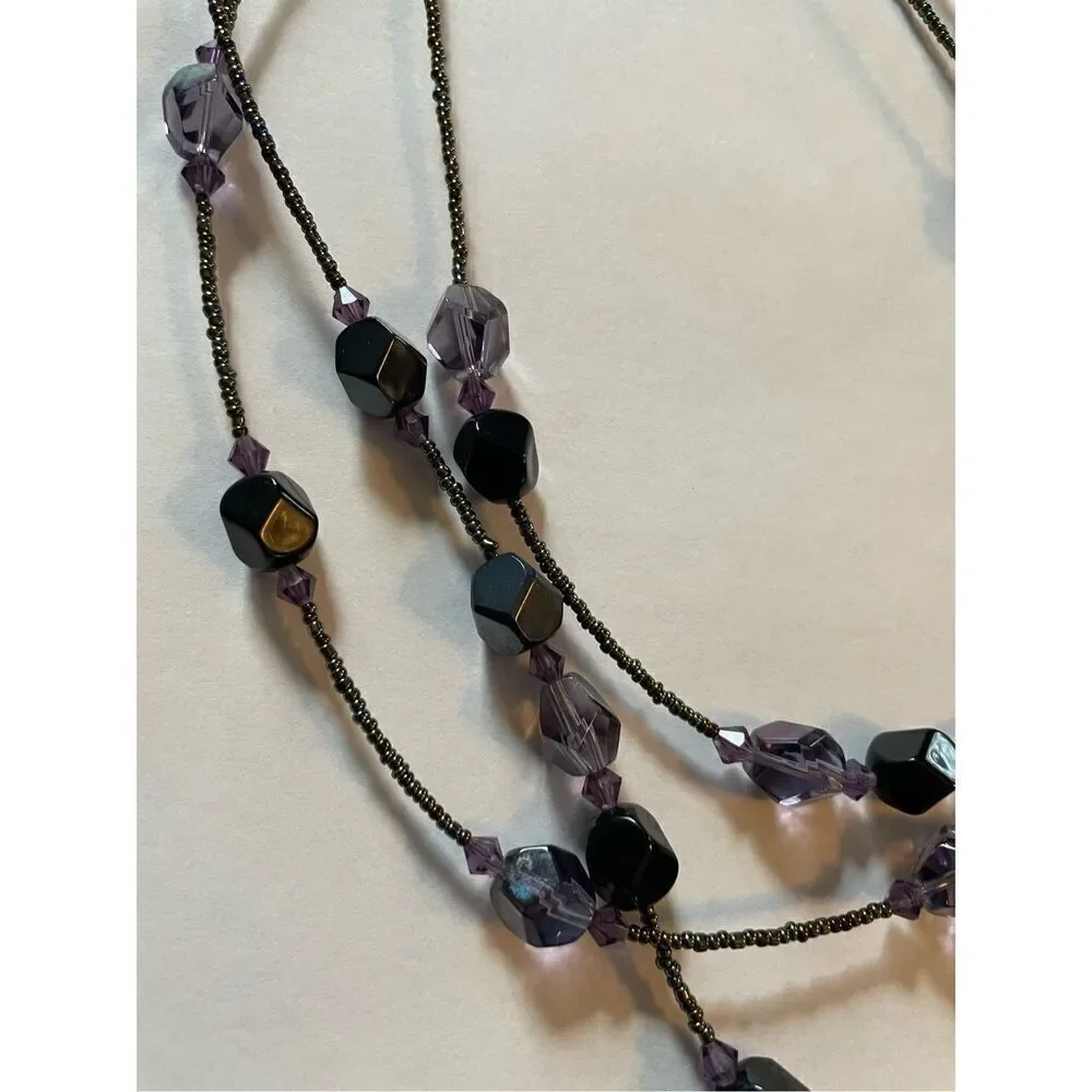 Lia Sophia  3 Strand Beaded Necklace Purple  and Black Stone.